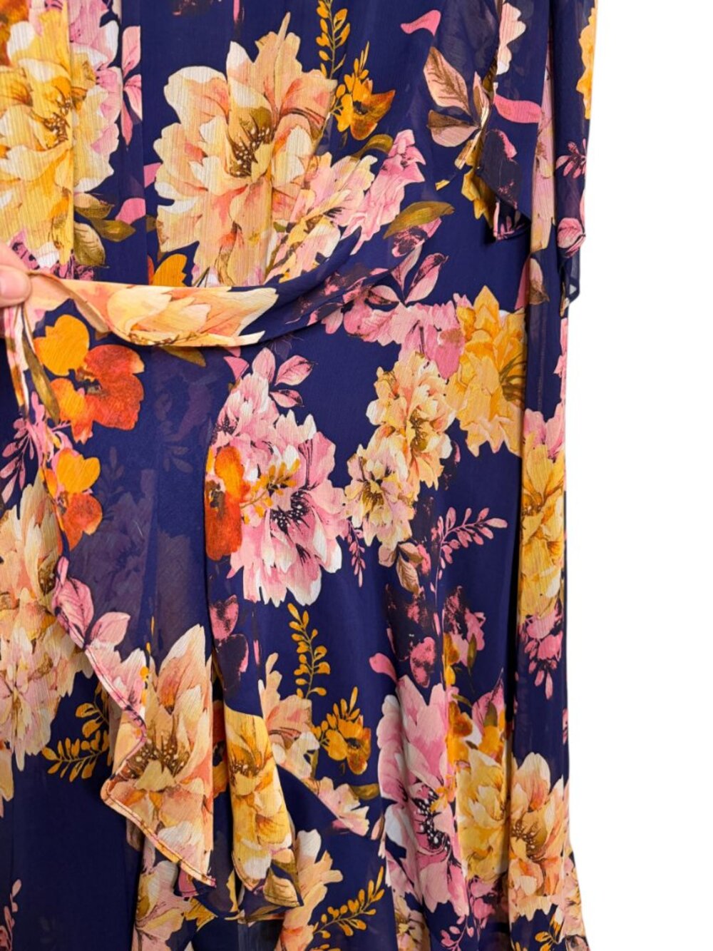 London Times Akong Woman Maxi Dress Chiffon Ruffle Floral Blue Pink Orange 16W - Picture 4 of 9